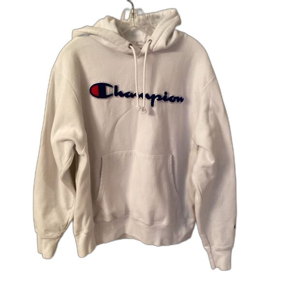 CHAMPION REVERSE WEAVE HOODIE CHENILLE SPELLOUT WHITE USA Vtg 90s Large - Picture 1 of 8